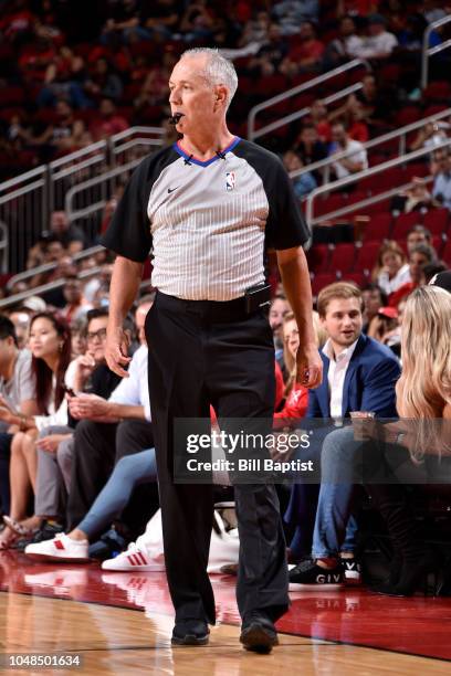 Referee Jason Phillips is seen during a pre-season game between the Shanghai Sharks and the Houston Rockets on October 9, 2018 at Toyota Center, in...