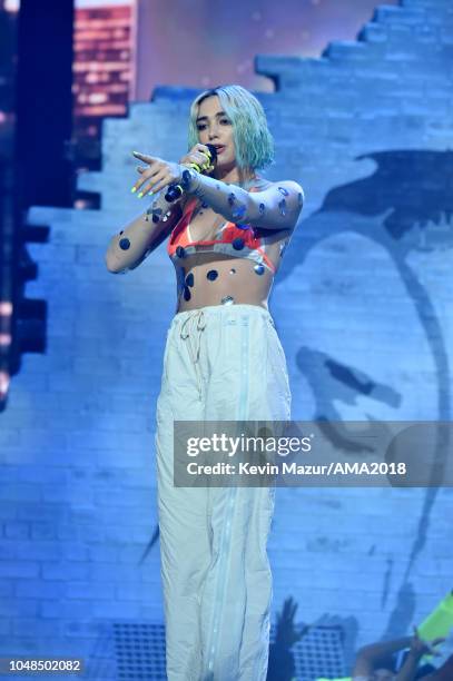 Dua Lipa performs onstage during the 2018 American Music Awards at Microsoft Theater on October 9, 2018 in Los Angeles, California.