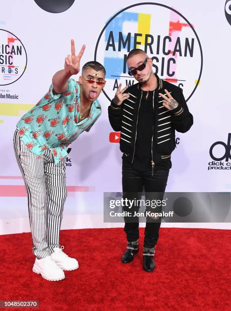 Bad Bunny and J Balvin attend the 2018 American Music Awards at Microsoft Theater on October 9, 2018 in Los Angeles, California.