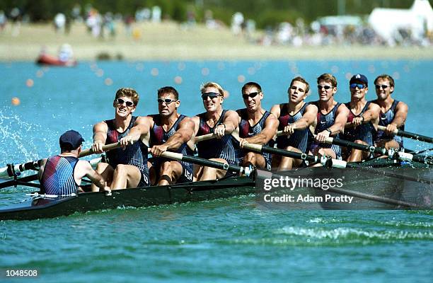 The US team in the mens eight during the Sydney 2000 Olympic Games at the Sydney International Regatta Centre, Sydney, Australia. Mandatory Credit:...