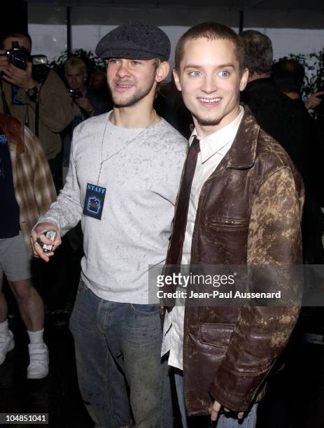 Dominic Monaghan & Elijah Wood during The Launch of the Air New Zealand/Lord of the Rings Frodo Airplane at LAX in Los Angeles, California, United...
