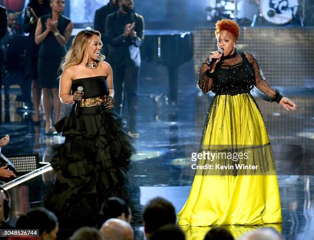 Erica Campbell and Tina Campbell of Mary Mary perform onstage during the 2018 American Music Awards at Microsoft Theater on October 9, 2018 in Los...
