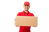 Handsome Young Man Wearing Red Uniform Delivering Package