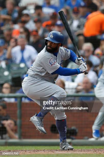 Andrew Toles of the Los Angeles Dodgers at bat in the sixth inning against the San Francisco Giants at AT&T Park on September 29, 2018 in San...