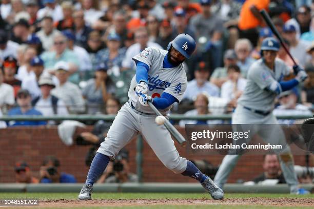 Andrew Toles of the Los Angeles Dodgers at bat in the sixth inning against the San Francisco Giants at AT&T Park on September 29, 2018 in San...