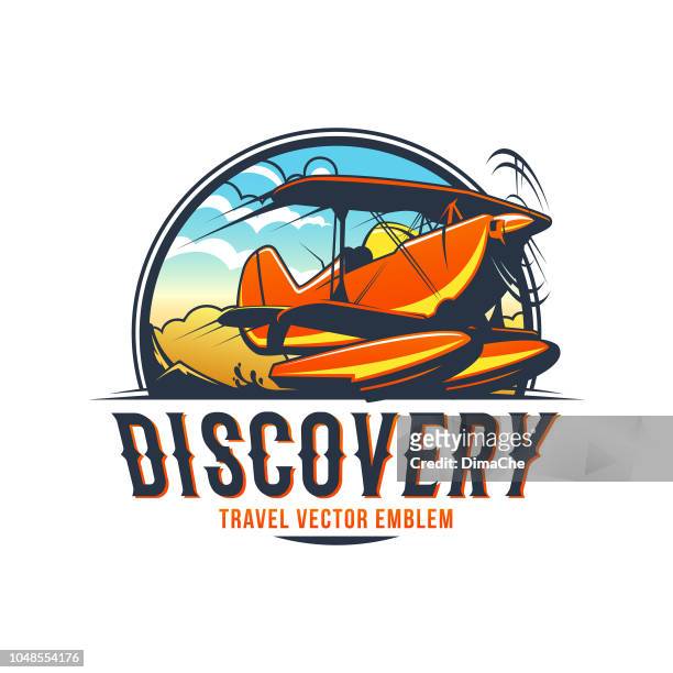 travel emblem of water airplane with sky and mountains on background - adventure logo stock illustrations