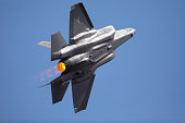 Extremely  close tail view of an F-35 Lightning II  in a high G turn, with afterburner on
