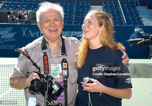Celebrity Shutterbug Ron Galella and Maggie Rizer during 2003 US Open - Arthur Ashe Kids Day at Arthur Ashe Tennis Center in New York City, New York,...