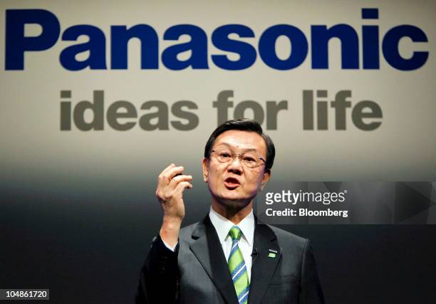 Fumio Ohtsubo, president of Panasonic Corp., speaks at the Panasonic Eco Ideas Forum 2010 at the Panasonic Center, in Tokyo, Japan, on Wednesday,...