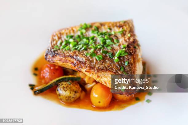 grilled fish with fresh vegetables - hake stock pictures, royalty-free photos & images
