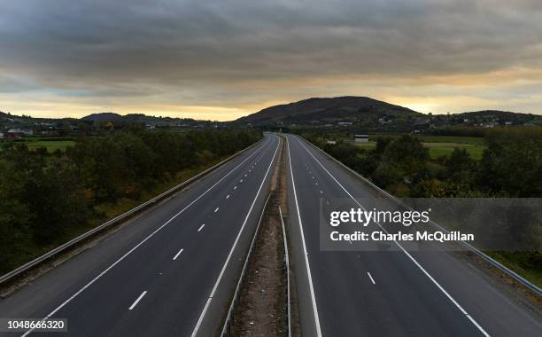 The Belfast to Dublin motorway crosses the border line between Northern Ireland and the Republic of Ireland as viewed from the northern side of the...