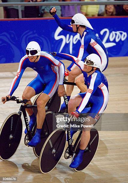 The Great Britain team of Paul Manning, Chris Newton, Bryan Steel and Bradley Wiggins celebrate qualifying for the Mens Team Pursuit 4,000m at the...