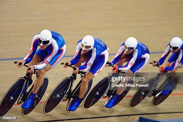 The Great Britain team of Paul Manning, Chris Newton, Bryan Steel and Bradley Wiggins in action during the Mens Team Pursuit 4,000m Qualifying at the...