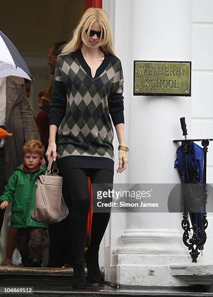 Claudia Schiffer sighted on the school run on October 6, 2010 in London, England.