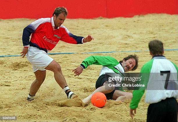 Clayton Blackmore of the Manchester United Greats in action against the Liverpool Legends during the Dreamcast Beach Football Challenge at Richmond...