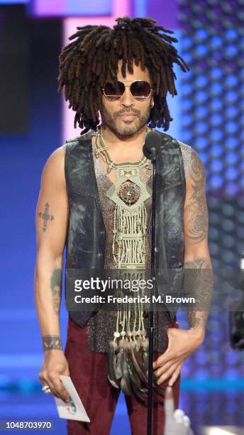Lenny Kravitz speaks onstage during the 2018 American Music Awards at Microsoft Theater on October 9, 2018 in Los Angeles, California.