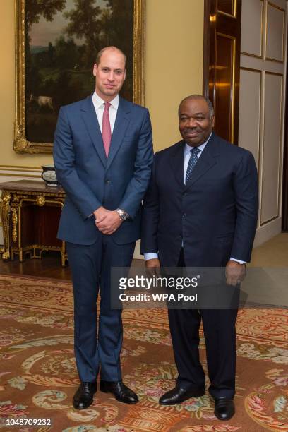 Prince William, Duke of Cambridge meets President of Gabon Ali Bongo Ondimba for a bilateral meeting at Buckingham Palace on October 10, 2018 in...