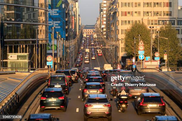 Drivers coming from the Cinquantenaire tunnel fall in a traffic jam in the Rue de la Loi in the European district in central Brussels, Belgium,...