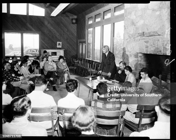 Human relations conference, 8 May 1954. Dr. Joseph Kaplan;Dr. B.M Brundage;Shirley Krasner;Richard Cacciamare;Rabbi Alfred Wolf.;Caption slip reads:...