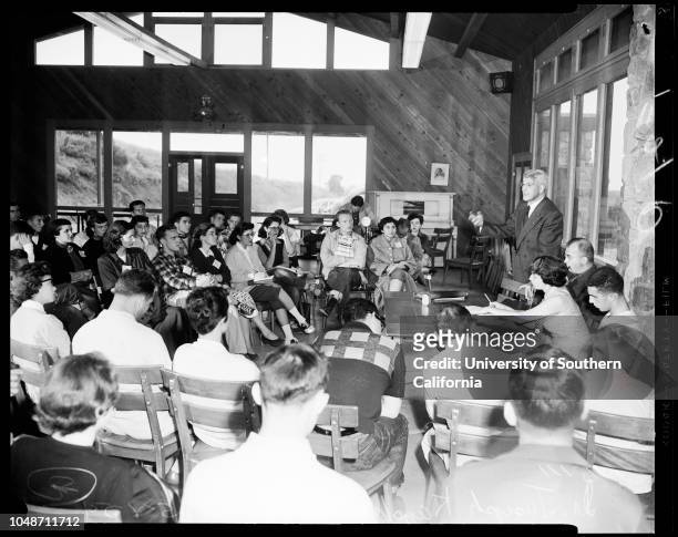 Human relations conference, 8 May 1954. Dr. Joseph Kaplan;Dr. B.M Brundage;Shirley Krasner;Richard Cacciamare;Rabbi Alfred Wolf.;Caption slip reads:...