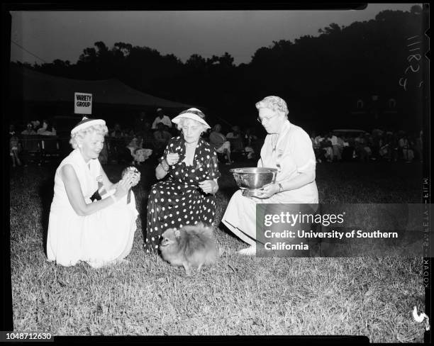 Dog show , August 1 1954. 'Ophaal of Crown Crest' ;Kay Finch ;'Jigger's Babette of Broadleaf';'Pepper of Velvet Pennies' ;'Wilco's Mr Barnes' ;'Tiny...