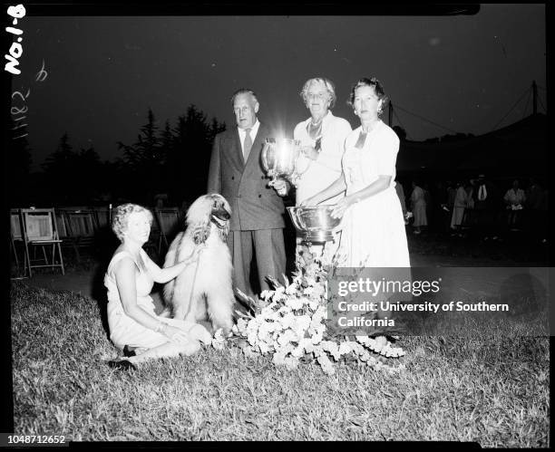 Dog show , August 1 1954. 'Ophaal of Crown Crest' ;Kay Finch ;'Jigger's Babette of Broadleaf';'Pepper of Velvet Pennies' ;'Wilco's Mr Barnes' ;'Tiny...