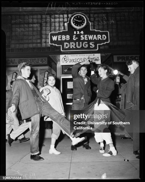 Early morning traffic to Rose Bowl, 2 January 1956. Harriette Nelson;Rita Manning;Darlene McGinley;Barbara Ortolani;Roger Tolman;Ronnie Tucker;Eddie...