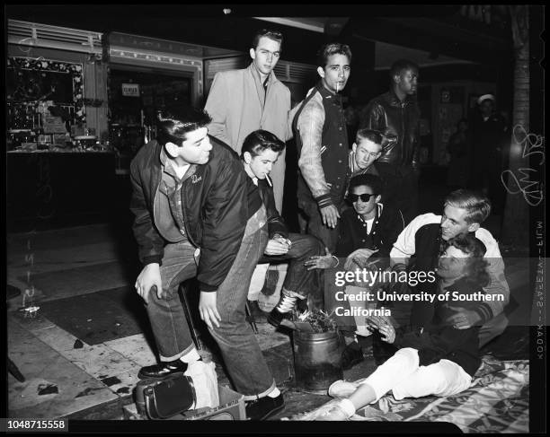 Early morning traffic to Rose Bowl, 2 January 1956. Harriette Nelson;Rita Manning;Darlene McGinley;Barbara Ortolani;Roger Tolman;Ronnie Tucker;Eddie...