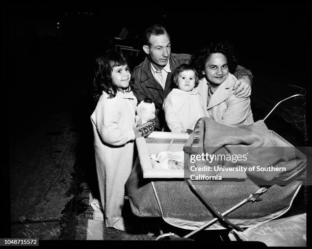 Early morning traffic to Rose Bowl, 2 January 1956. Harriette Nelson;Rita Manning;Darlene McGinley;Barbara Ortolani;Roger Tolman;Ronnie Tucker;Eddie...