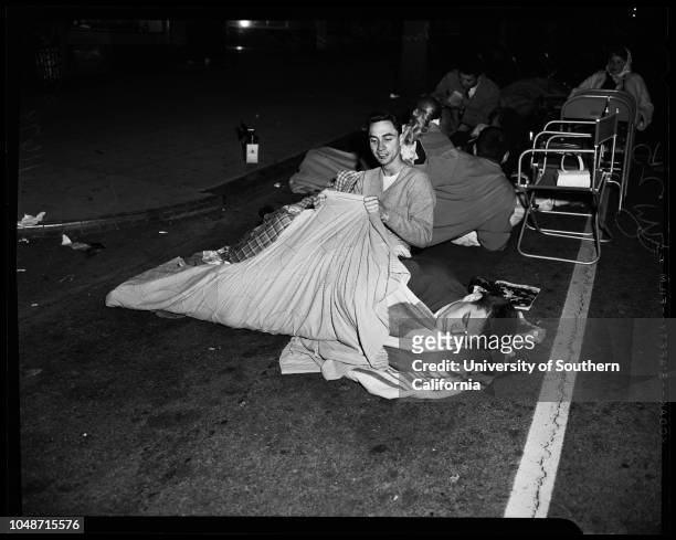 Early morning traffic to Rose Bowl, 2 January 1956. Harriette Nelson;Rita Manning;Darlene McGinley;Barbara Ortolani;Roger Tolman;Ronnie Tucker;Eddie...