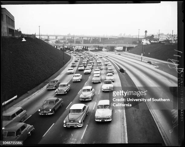 Early morning traffic to Rose Bowl, 2 January 1956. Harriette Nelson;Rita Manning;Darlene McGinley;Barbara Ortolani;Roger Tolman;Ronnie Tucker;Eddie...