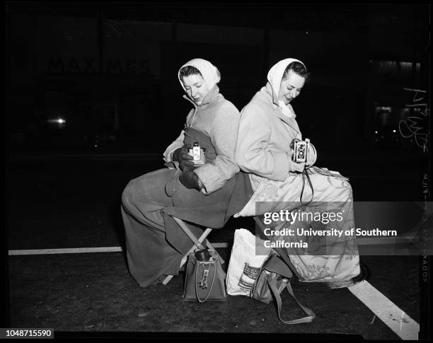 Early morning traffic to Rose Bowl, 2 January 1956. Harriette Nelson;Rita Manning;Darlene McGinley;Barbara Ortolani;Roger Tolman;Ronnie Tucker;Eddie...