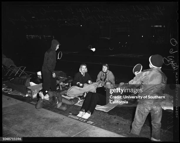 Early morning traffic to Rose Bowl, 2 January 1956. Harriette Nelson;Rita Manning;Darlene McGinley;Barbara Ortolani;Roger Tolman;Ronnie Tucker;Eddie...