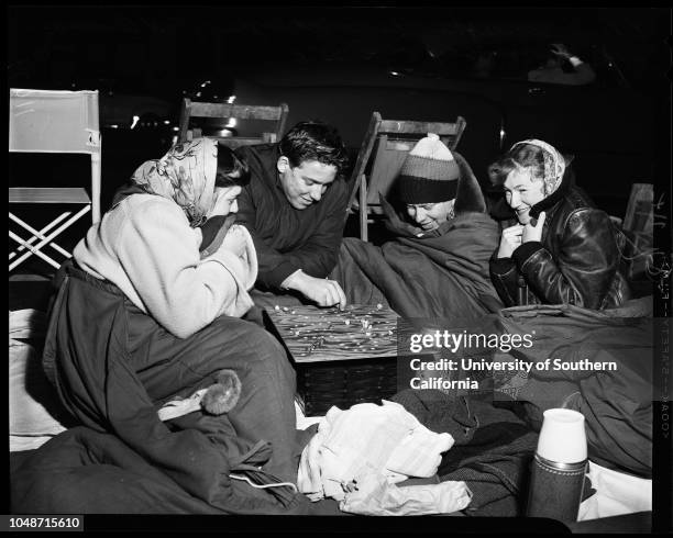 Early morning traffic to Rose Bowl, 2 January 1956. Harriette Nelson;Rita Manning;Darlene McGinley;Barbara Ortolani;Roger Tolman;Ronnie Tucker;Eddie...