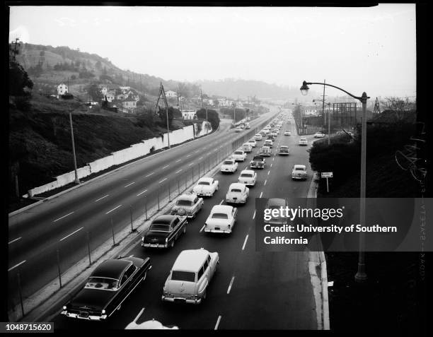 Early morning traffic to Rose Bowl, 2 January 1956. Harriette Nelson;Rita Manning;Darlene McGinley;Barbara Ortolani;Roger Tolman;Ronnie Tucker;Eddie...