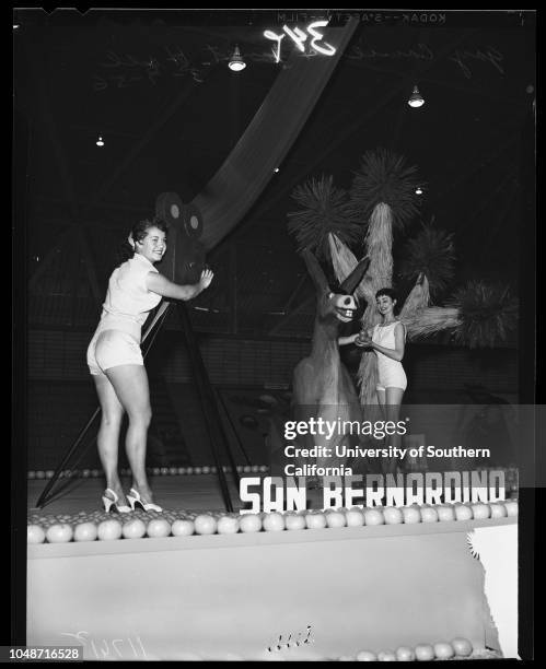 Orange show in San Bernardino, March 7 1956. Marge Divel;Carol Wilson;Gay Cowie;Jeanne Black;Sheri Young;Gay Helen Grover;Alexa Loma;Marilyn Van...