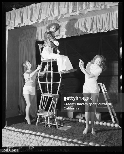 Orange show in San Bernardino, March 7 1956. Marge Divel;Carol Wilson;Gay Cowie;Jeanne Black;Sheri Young;Gay Helen Grover;Alexa Loma;Marilyn Van...