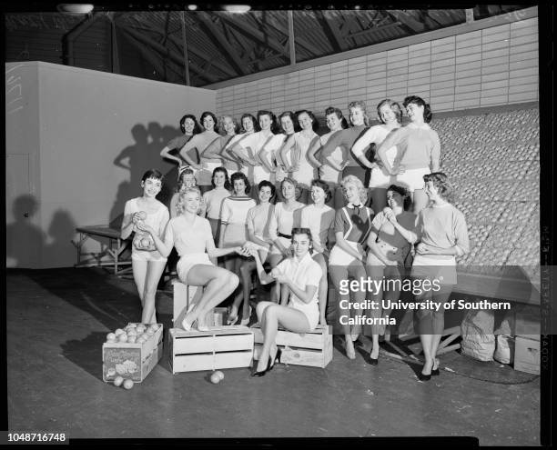 Orange show in San Bernardino, March 7 1956. Marge Divel;Carol Wilson;Gay Cowie;Jeanne Black;Sheri Young;Gay Helen Grover;Alexa Loma;Marilyn Van...
