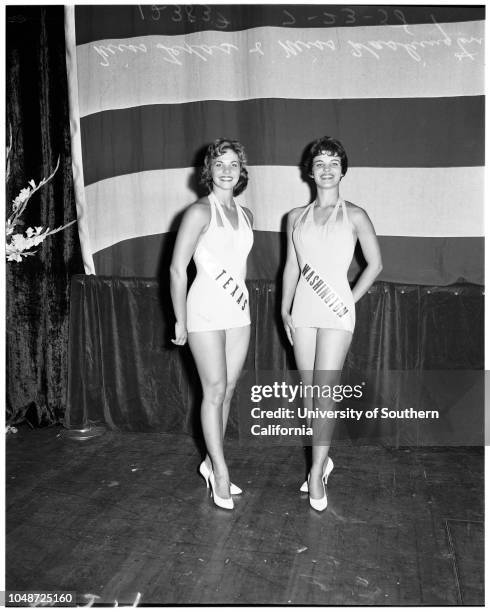 Miss Universe contest , 23 July 1958. Judith Carlson ;Donna Kay Brooks ;Marcia Valibus ;Diane Austin ;June Pinckney ;Eurlyne Howell ;Sharon Tietjen...