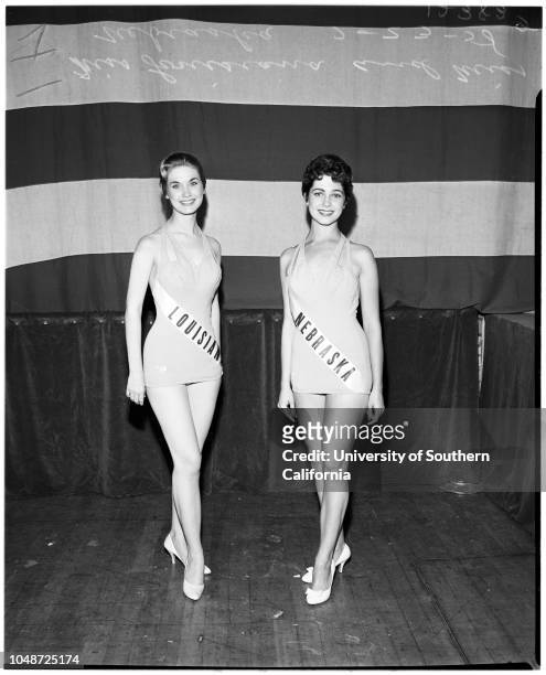 Miss Universe contest , 23 July 1958. Judith Carlson ;Donna Kay Brooks ;Marcia Valibus ;Diane Austin ;June Pinckney ;Eurlyne Howell ;Sharon Tietjen...