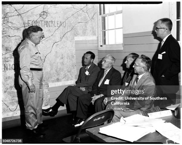 Executives visit Camp Roberts, 24 July 1958. Lieutenant Colonel James Moore;James S Cantlen;Don Belding;Henry A Brown;Brigadier General F.C...