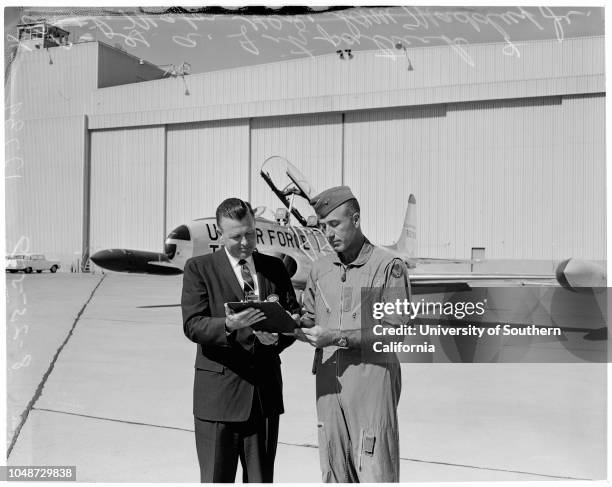 Jet trainer , 25 August 1959. G.A Fitzpatrick ;Major General Sam Madduz, Junior . . Caption slip reads: G.A Fitzpatrick, Asst. Gen. Mgr. Of...