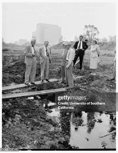 Tar Pits...Hancock Park, 8 August 1951. Ralph Cornell ;John Anson Ford ;V.W Bullock ;Charles Robinson ;Dr. Hildegarde Howard ;Ed Stickney.;Caption...