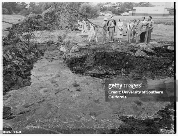 Tar Pits...Hancock Park, 8 August 1951. Ralph Cornell ;John Anson Ford ;V.W Bullock ;Charles Robinson ;Dr. Hildegarde Howard ;Ed Stickney.;Caption...