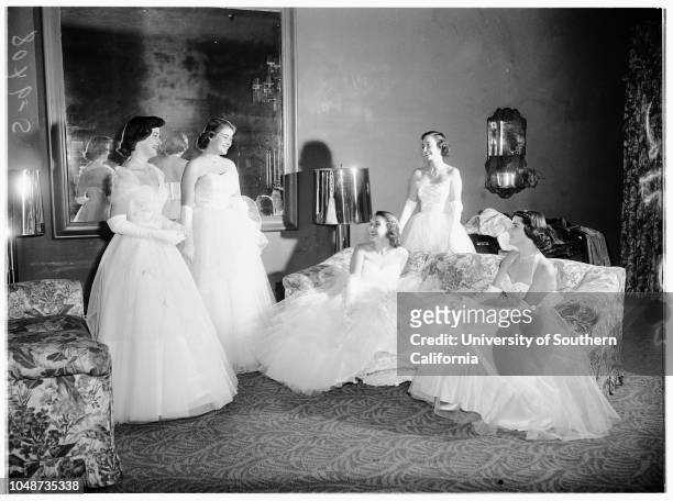 Annual Coronet Debutante Ball held in Crystal Room of Beverly Hills Hotel, 24 November 1951. Marlene Annette Malouf;Diane Dale Coplen;Nancy Harvey...