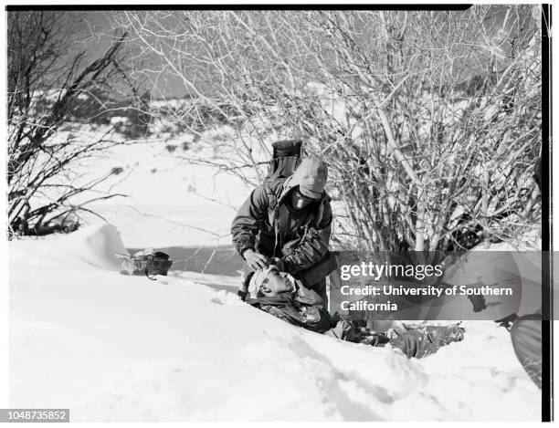 United States Marines in cold weather training camp at Pickel Meadows men from Camp Pendleton go through maneuvers, 09 January 1952. Private First...