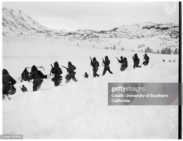 United States Marines in cold weather training camp at Pickel Meadows men from Camp Pendleton go through maneuvers, 09 January 1952. Private First...