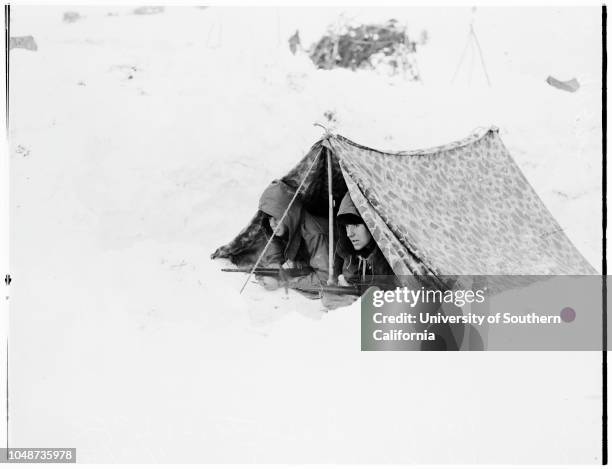 United States Marines in cold weather training camp at Pickel Meadows men from Camp Pendleton go through maneuvers, 09 January 1952. Private First...