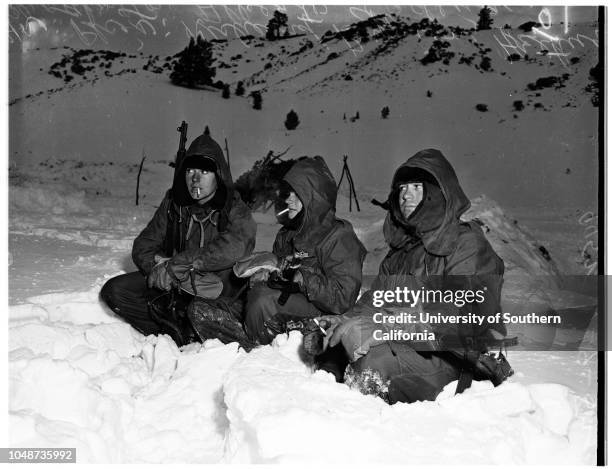 United States Marines in cold weather training camp at Pickel Meadows men from Camp Pendleton go through maneuvers, 09 January 1952. Private First...