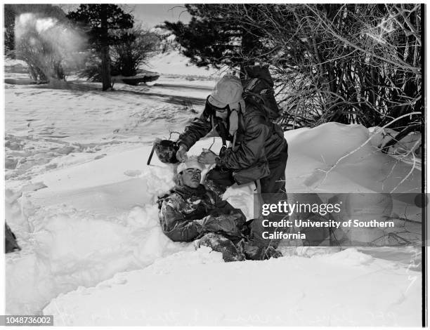 United States Marines in cold weather training camp at Pickel Meadows men from Camp Pendleton go through maneuvers, 09 January 1952. Private First...